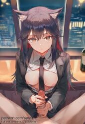 1boy 1girl 2026 ai_generated alternate_costume animal_ear_fluff animal_ears arknights belt black_hair black_jacket black_necktie black_pants black_suit blush bottle breasts breasts_out city cityscape clothed_female_nude_male collared_shirt colored_inner_hair dress_shirt erection formal from_above hair_between_eyes handjob hetero highres indoors jacket long_hair long_sleeves looking_at_viewer medium_breasts multicolored_hair necktie night nipples no_bra nsfw nude open_clothes open_jacket open_shirt orange_eyes pants parted_lips penis pov red_hair serain shirt solo_focus spread_legs suit texas_(arknights) two-handed_handjob two-tone_hair uncensored white_shirt window wine_bottle wing_collar wolf_ears wolf_girl