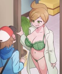 1boy 1girl :d aurea_juniper blue_jacket bra breasts brown_hair cleavage coat collarbone commentary earrings eyelashes green_bra green_eyes green_panties hat highres hilbert_(pokemon) hood hood_down hooded_jacket jacket jewelry kai-too large_breasts long_sleeves looking_at_another navel open_clothes open_coat open_mouth panties pokemon pokemon_black_and_white professor_juniper smile strap underwear