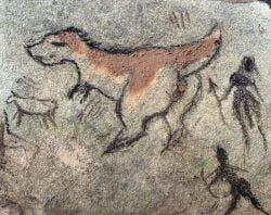 absurd_res altcat ambiguous_gender anus bovid bovine butt cattle cave_painting dinosaur female feral group gynomorph hi_res human humanoid hunter intersex male mammal prehistoric_species reptile scalie traditional_media_(artwork) trio