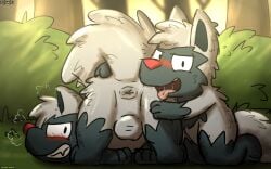 2023 all_fours anal anus ass_up backsack balls blush breath butt clenched_teeth colored dated duo emanata feral feral_on_feral forest generation_3_pokemon genitals grass hi_res intraspecies looking_at_another looking_at_partner looking_at_viewer looking_back looking_back_at_another looking_back_at_partner male male/male male_feral male_rimming_male nintendo oral outside plant pokemon pokemon_(species) poochyena presenting presenting_hindquarters rimming sex shaded shrub teeth tongue tongue_out tree year zandermanith
