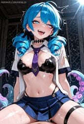 1boy 1girl ahegao ahoge ai_generated bangs black_bow black_bra black_choker blue_eyes blue_hair blue_necktie blue_skirt blush bow bra breasts choker collared_shirt cowgirl_position drill_hair girl_on_top gwen_(league_of_legends) hair_bow hetero heterochromia large_breasts league_of_legends long_hair medium_breasts miniskirt navel necktie open_clothes open_mouth open_shirt pleated_skirt renalia saliva scylla sex shiny shirt short_sleeves skindentation skirt smile solo_focus stomach sweat teeth tentacles thigh_strap tongue tongue_out torn_clothes torn_shirt trembling twin_drills twintails underwear white_shirt