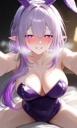 1girl 1girls ai ai-created ai_assisted ai_generated blush bunny_ears bunny_girl bunnysuit castorice_(honkai:_star_rail) half-closed_eyes heavy_breathing honkai:_star_rail impacter milf milf_body no_watermark pixai reaching_towards_viewer sitting_on_lap solo