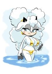 anthro anthro_female anthrofied bikini blue_eyes female fur furry furry_female furry_only glassfish gold_bikini half-closed_eyes holding_object horns idw_publishing lanolin_the_sheep sega sheep sonic_(series) sonic_the_hedgehog_(comics) sonic_the_hedgehog_(idw) sonic_the_hedgehog_(series) swimwear wool_(fur)
