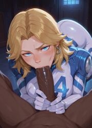 1boy 1girls ai_generated blonde_hair blue_eyes clothing dark-skinned_male dark_skin face_down_ass_up holding_penis interracial invisible_woman invisible_woman_(marvel_rivals) jumpsuit large_penis marvel marvel_comics marvel_rivals oral oral_penetration oral_sex pov sue_storm veiny_penis