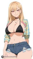 1girl ai_generated artist_name bangs bikini bikini_top_only black_bikini black_choker blonde_hair breasts choker cleavage closed_mouth cowboy_shot cutoffs denim denim_shorts ear_piercing earrings gradient_hair gyaru industrial_piercing jewelry kitagawa_marin large_breasts long_hair looking_at_viewer marin_kitagawa multicolored_hair my_dress_up_darling nail_polish navel necklace open_clothes patreon piercing pink_eyes pink_hair pink_nails plaid plaid_shirt red_eyes ring senpai_pixels sensitive shirt short_shorts shorts simple_background smile solo sono_bisque_doll_wa_koi_wo_suru swimsuit thighs torn_clothes torn_shorts white_background