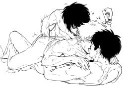 3boys anal_fingering baka_roll blush class_3-z completely_nude fingering fingering_from_behind fingering_partner french_kiss gay gintama gintoki_sakata hijikata_toshiro implied_sex kissing male male_only mmm_threesome monochrome motion_lines nude on_back sweat takasugi_shinsuke threesome yaoi