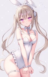 1girl armband blonde_hair blush breasts breasts_out bunny_ears bunny_girl bunnysuit collar detached_collar frills garter_belt gray_hair hair_ornament hairband highres large_breasts long_hair nipples open_clothes original pillow shiono_(0303) stockings straight_hair tied_hair twintails wrist_cuffs wristband