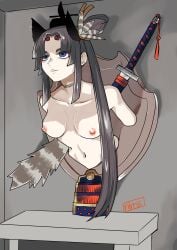 1girls artist_request black_hair blue_eyes character_request dead defeated human_furniture human_trophy katana medium_breasts mounted_trophy nude nude_female pale-skinned_female pale_skin stitches tagme taxidermy trophy