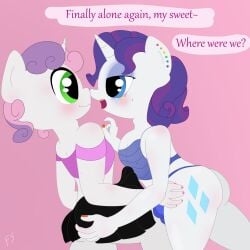 1:1 absurd_res adam's_apple anthro bikini blush bottomwear bulge butt butt_grab clothed clothing crossdressing crossgender detailed_bulge duo ear_piercing english_text equid equine erection erection_under_skirt friendship_is_magic fskindness hand_on_butt hasbro hi_res horn horse imminent_sex makeup male male/male mammal markings mole_(marking) my_little_pony mythological_creature mythological_equine mythology piercing pony rarity_(mlp) running_makeup sibling_incest skirt sweetie_belle_(mlp) swimwear text two-piece_swimsuit unicorn