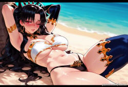1girl ai_generated armlet armpits arms_up balecxi beach black_hair blush elbow_gloves fate/grand_order fate_(series) hoop_earrings ishtar_(fate) ishtar_(fate/grand_order) jewelry large_breasts long_hair looking_at_viewer lying mismatched_bikini navel one_eye_closed parted_bangs parted_lips patreon_username red_eyes single_thighhigh solo swimsuit thighhighs thighs underboob white_bikini