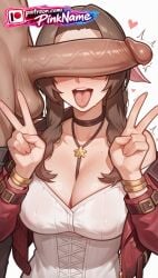 1boy 1girl 2026 aerith_gainsborough ai_generated artist_name belt boobs braid breasts bust chest choker cleavage cock dick double_v double_w erection final_fantasy heart hetero hi_res high_quality highres jacket jewelry large_penis long_hair patreon patreon_username penis penis_on_face pinkname solo_focus testicles tits tongue tongue_out uncensored v w watermark