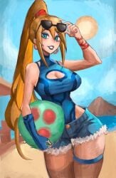 beach bikini_strap black_lipstick blonde_hair daisy_dukes earrings hoop_earrings jean_shorts leg_strap leotard metroid metroid_(creature) ponytail saiykik samus_aran sunglasses