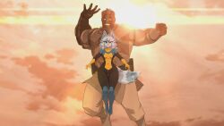 ai_generated alien anthro big_breasts conquest_(invincible) devious_grin fox from_behind fur furry grin grinning invincible kit_community multicolored_body multicolored_fur older_male older_male_and_younger_female prosthetic prosthetic_arm thick_thighs viltrumite