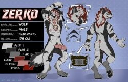 absurd_res anthro armpit_hair balls body_hair canid canine canis claws digital_media_(artwork) english_text fur genitals grey_body grey_fur hair hi_res knot looking_at_viewer male mammal model_sheet notsafefirewolf penis red_eyes simple_background smile solo standing tail text tongue white_body white_fur wolf zerko_wolf