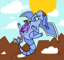 2024 blue_body blue_tail blue_wings blush breasts bsky_link cloud day dragon duo female feral flygon flying flying_sex generation_3_pokemon genitals green_eyes green_penis hi_res horn humanoid_genitalia humanoid_vulva interspecies kyra_(bloquito) male mountain nintendo outside penetration penis pokemon pokemon_(species) purple_tail rhenny_(rhenaudthelukark) sex snout spikes spikes_(anatomy) sun tail trooper3 two_tone_tail two_tone_wings vaginal vaginal_penetration vulva wings yellow_tail