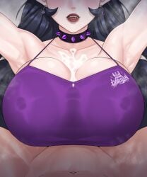 1boy 1girls black_hair breasts clothed clothed_paizuri clothing collar cum cum_on_body cum_on_breasts duo earrings ejaculation ejaculation_between_breasts fangs female female_focus huge_breasts inkorax male male/female paizuri paizuri_under_clothes partial_male spiked_collar unseen_male_face ych ych_result