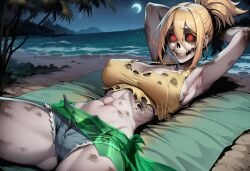 1girls ai_generated beach blonde_hair breasts clothed clothes clothing daisy_dukes denim_shorts dirty female glowing_eyes glowing_red_eyes hollow_eyes horror horror_(theme) large_breasts medium_hair monster_girl necrophilia original original_character paigen red_eyes rotting sarong shirt shorts skeletal skull skull_face tank_top tattered_clothing towel undead zombie zombie_girl
