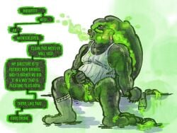 4:3 5_fingers 5_toes anthro asking_viewer balls black_body black_penis bodily_fluids breath claws clothed clothing cock_sock command dialogue digital_media_(artwork) digital_painting_(artwork) drone drooling ejaculation english_text erection facial_piercing feet fingers footwear gas_mask genitals glistening glistening_body green_body green_snout hi_res lock_symbol male mammal mask masturbation mephitid morgsts muscular muscular_anthro muscular_male musk nipples nose_piercing nose_ring overweight overweight_anthro overweight_male painting_(artwork) panting partially_clothed pecs penis penis_clothing piercing praise ring_piercing saliva shirt simple_background sitting skunk skunk_drone_(morgsts) smelly socks solo speech_bubble tail talking_to_viewer tank_top text toes topwear unusual_bodily_fluids unusual_saliva vowelless vowelless_vocalization white_clothing