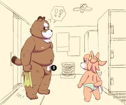 2017 anthro ass balls belly brown_fur canid canine clothing duo erection female fur humanoid_penis lako male male_focus mammal moobs navel nipples overweight overweight_male penis raccoon_dog tanuki underwear young