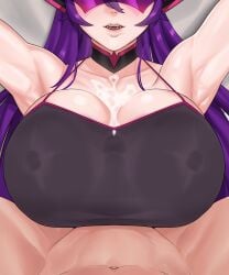 1boy 1girls breasts clothed clothed_paizuri clothing cum cum_on_body cum_on_breasts ejaculation ejaculation_between_breasts fangs female female_focus huge_breasts inkorax long_hair male male/female paizuri paizuri_under_clothes partial_male purple_hair unseen_male_face very_long_hair ych ych_result