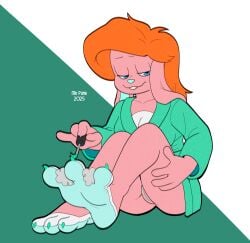 3_toes anthro bathrobe breasts claws clothing colored_nails countershade_feet countershading feet female foot_fetish fur genitals hi_res lagomorph leporid mammal mrpunkmorph nails paws pink_body pink_fur rabbit ringo_pumila_(character) robe soles solo teasing toes vulva