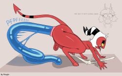 all_fours anal anal_penetration anthro avioylin balls bodily_fluids cloven_hooves cum demon demon_humanoid digitigrade dildo double_dildo english_text excessive_cum excessive_genital_fluids freckled_face freckles genital_fluids genitals hellaverse helluva_boss hi_res hooves horn huge_dildo humanoid imp long_dildo long_penis male male_focus millie_(helluva_boss) moxxie_(helluva_boss) object_in_ass penetration penis pushing_toy_out red_body saliva sex_toy sex_toy_in_ass sex_toy_insertion simple_background solo solo_focus text thick_thighs white_freckles