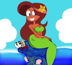 2014 atomickingboo bare_shoulders bernie_(zig_and_sharko) big_breasts blue_eyes blue_sky clam cleavage cloud clouds green_bra green_tail hair_ornament hermit_crab large_breasts lipstick long_hair marina_(zig_and_sharko) mermaid midriff ocean red_hair rock sea sky smile smiling starfish_(accessory) starfish_hair_ornament tan tan_body tan_skin tanned_female water xilam zig_and_sharko