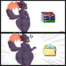 1:1 4_fingers absurd_res andromorph before_and_after big_butt big_ears biped black_body black_fur black_nose butt butt_focus canid casualties:_unknown curvy_figure decompressed_file_meme drawktus expie_(gunsawian) female fingers fluffy fluffy_tail fur genitals glowing glowing_eyes glowing_genitalia growth_lines gunsawian hi_res hybrid intersex long_tail looking_at_viewer mammal nude orange_sclera raised_tail snout solo solo_focus standing surprised tail thick_thighs two_panel_image vulva wide_hips winrar