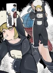 distended_belly distended_stomach distension futanari horse horse_costume horse_girl japanese_text kaien0202 onesie onesie_only onesie_open penis_peek penis_poking_out penis_under_clothes penis_under_skirt role_reversal saki_kurokoma size_difference tagme touhou toyosatomimi_no_miko