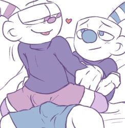 2boys aipeco18 blue_nose brothers bulge bulge_through_clothing cuphead cuphead_(game) gay heart heart_symbol male male_only mugman penis_bulge red_nose siblings studio_mdhr yaoi