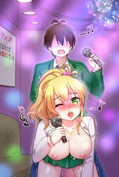 1boy areolae blonde_hair blush breasts brown_hair canon_couple clothed_sex female green_eyes gyaru hajimete_no_gal hashiba_junichi karaoke large_breasts microphone necklace nipples one_eye_closed open_clothes ponytail school_uniform sex straight text yame_yukana