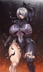 2b_(nier:automata) 2b_(nier_automata) big_breasts blue_eyes bodysuit breasts cameltoe covered_nipples huge_breasts large_breasts latex_clothing navel nipples short_hair smile stomach symbiote symbiote_suit symbiote_takeover thick_thighs toned venom venom_(marvel) white_hair yorha_2b