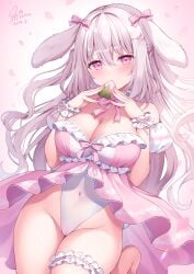 1girl blush breasts bunny_ears bunny_girl cameltoe collar detached_collar detached_sleeves dress food_in_mouth frilled_collar frilled_dress frilled_straps frilled_wristband frills garter_straps gray_hair hair_ornament hair_ribbon highleg highres large_breasts leotard lingerie long_hair mochi nipples original shiono_(0303) straight_hair sweets white_hair wristband