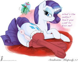 2013 anus ass blue_eyes christmas clothing cutie_mark dialogue equine female friendship_is_magic glowing hair holidays horn legwear magic mammal mistletoe my_little_pony plant puffy_anus purple_hair pussy rarity_(mlp) solo stockings stradivarius straight_hair text unicorn