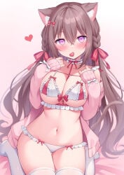 1girl bikini bikini_bottom bikini_top blush breasts breasts_out brown_hair cat_bikini cat_ears catgirl clothed collar frilled_bikini frilled_collar frills hair_ornament hair_ribbon highres large_breasts long_hair long_sleeves nekomimi open_shirt open_sweater original ribbon shiono_(0303) shirt sitting straight_hair sweater thighhighs