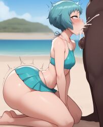 1boy 1girls ai_generated beach big_ass big_butt blowjob blush blushing cum cum_in_mouth dark-skinned_male fellatio female fuuka_yamagishi grey_eyes interracial kneeling male male/female oral oral_creampie oral_sex persona persona_3 swimsuit swimwear zenbugens