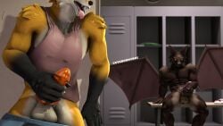 16:9 3d_(artwork) 3d_background 4k 5_fingers absurd_res animal_genitalia animal_penis anthro back_wings balls bat bat_(petruz) bench black_body black_fur black_nose bottomwear bottomwear_down brown_body brown_fur canid canine canine_genitalia canine_penis clothed clothing cutebunnyboi detailed_background digital_media_(artwork) duo erection eyebrows fingers fox fur genitals gym hand_on_penis hi_res knot knotted_penis locker locker_room looking_at_another looking_pleasured male male/male male_anthro mammal masturbation mixed_media multicolored_body multicolored_fur muscular muscular_anthro muscular_male narrowed_eyes nude nude_anthro nude_male orange_eyes partially_clothed penis shirt shorts shorts_down smile source_filmmaker_(artwork) spying tank_top teeth teeth_showing tongue tongue_out topwear towel tuft white_body white_fur widescreen wings yellow_body yellow_fur