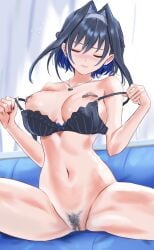 1girls areolae bandaid_on_pussy bandaids_on_nipples big_breasts blue_hair blush bottomless bra bra_pull breasts breasts_out closed_eyes closed_mouth covered_nipples dhbwinner feet_out_of_frame female female_only functionally_nude groin hololive hololive_english hololive_english_-council- large_breasts legs_apart legs_spread navel nipples ouro_kronii partially_visible_vulva pubic_hair spread_legs virtual_youtuber