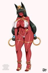 1girls big_breasts black_hair cat_ears catgirl cleopatra_(metal_slug) earrings egyptian egyptian_clothes female female_only grin grinning_at_viewer hair_rings heels hi_res high_heels jadenkaiba jewelry long_hair looking_at_viewer makeup metal_slug metal_slug_attack red_eyes red_skin smiling smiling_at_viewer snk solo thick_thighs tiara twintails white_background wide_hips