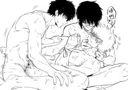 3boys anal anal_sex baka_roll blush bound bound_wrists class_3-z completely_nude erection eye_patch finger_in_another's_mouth gay gintama gintoki_sakata glasses hijikata_toshiro male male_only missionary_position mmm_threesome monochrome motion_lines muscular muscular_male nude on_back penis restrained spread_legs sweat takasugi_shinsuke teacher teacher_and_student threesome yaoi