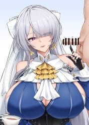 1boy 1girls breasts clothed_female clothed_female_nude_male drink huge_breasts nude_male penis precum_drip small_penis small_penis_adoration touching_penis twitching_penis uncircumcised unseen_male_face velina_airgid zenless_zone_zero