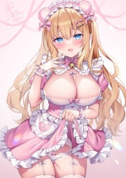 1girl animal_ears areola_slip blonde_hair blush bow_panties breasts garter_belt hair_ornament hair_ribbon hairband highres lace lace-trimmed_panties lace_panties large_breasts long_hair maid maid_apron maid_headdress maid_outfit maid_uniform original panties ribbon_panties shiono_(0303) skirt_lift stockings straight_hair thighhighs tied_hair twintails