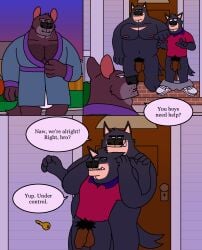 absurd_res anthro balls bathrobe bikini_briefs black_body black_outline body_hair bottomwear bottomwear_down briefs brother_(lore) brothers_(lore) brown_body canid canine canis chest_hair clothed clothing collared_shirt comic dasyurid dasyuromorph dialogue domestic_dog eddicus edgar_(eddicus) english_text eyebrows facial_hair five_o'clock_shadow footwear foreskin full_nelson full_nelson_(arms_held) fur genitals grey_bottomwear grey_clothing grey_shorts group hi_res husky joel_(eddicus) keith_(eddicus) key male male/male mammal marsupial mature_male muscular muscular_male mustache nordic_sled_dog outdoor_nudity outline overweight pants pants_around_ankles pants_down partially_clothed penis polo_shirt pubes red_clothing red_shirt red_topwear robe shirt shoes shorts shorts_around_ankles sibling_(lore) slippers sneakers speech_bubble spitz tail tan_body tan_fur tasmanian_devil text thick_eyebrows topwear trio underwear visible_underwear white_briefs white_clothing white_footwear white_shoes white_sneakers white_underwear