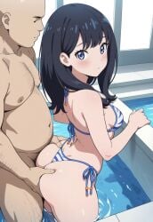 ai_generated ass_grab bikini curvy_female fat fat_male pool side_tie_bikini_bottom takarada_rikka wading