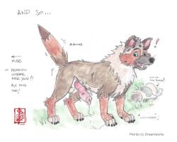 animal_genitalia animal_penis aroused balls bodily_fluids canid canine canine_genitalia canine_penis canis chomper_(puss_in_boots) clothing dialogue domestic_dog dreamworks english_text erection exclamation_point fennec_(artist) feral floppy_ears footwear genital_fluids genitals gesture grass guide_lines knot knotted_penis looking_back male mammal mixed_breed on_grass on_ground painting_(artwork) paws penis perrito_(puss_in_boots) plant precum puss_in_boots_(franchise) socks solo standing surprise_transformation surprised surprised_arousal sweater tail tail_boner tail_gesture text topwear traditional_media_(artwork) transformation watercolor_(artwork)