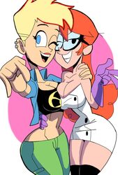 2girls 5_fingers aged_up arms_up bare_shoulders big_breasts bimbo black_eyes black_footwear black_legwear black_stockings blonde_hair blue_eyes breast_press breasts busty canon_genderswap cartoon_network cleavage closed_eyes crossover curvy dexter dexter's_laboratory dexter_(dexter's_laboratory) dextra dress duo ear_piercing eyelashes eyeshadow female female_only footwear front_view glasses gloves hand_on_hip hands_on_hip hands_on_hips hourglass_figure human jenny_test johnny_test johnny_test_(series) lab_coat legwear long_hair looking_at_viewer makeup manic47 midriff multiple_females multiple_girls older one_eye_closed open_mouth open_vest orange_hair pant piercing pose posing purple_gloves rule_63 short_dress short_hair simple_background smiling standing stockings teenage tube_top tubetop vest voluptuous white_dress wide_hips wink winking_at_viewer yellow_hair yuri