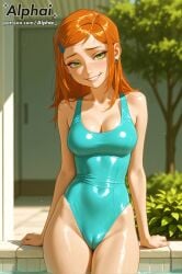 2025 2026 4k absurd_res absurdres ai ai-created ai-generated ai_art ai_assisted ai_generated alphai anime ben_10 blush blushing breasts cameltoe cinematic_lighting cleavage close-up colorful_background depth_of_field detailed_hair detailed_skin detailled_background dramatic_shadows eyelashes eyeliner female_face freckles garden ginger ginger_hair green_eyes gwen_tennyson high_quality high_resolution highres leotard long_hair medium_breasts naughty_face one-piece_swimsuit outdoors particles patreon patreon_link patreon_url patreon_username pool_background pussy raised_eyebrows seductive_eyes solo solo_focus swimsuit upper_body volumetric_lighting watermark