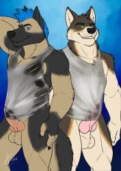 2016 abs anatomically_correct anatomically_correct_genitalia anatomically_correct_penis animal_genitalia animal_penis anthro balls big_penis biped black_body black_fur black_nose blue_hair bottomless canid canine canine_genitalia canine_penis canis closed_smile clothed clothing dated domestic_dog duo erection front_view fur genitals german_shepherd glistening glistening_eyes green_eyes grin hair hand_behind_head head_tuft herding_dog hi_res hufnaar knot knotted_penis looking_at_viewer male male_anthro mammal mouth_closed muscular muscular_anthro muscular_male pastoral_dog pecs penis pink_penis simple_background smile standing tan_balls tan_body tan_fur translucent translucent_clothing translucent_topwear tuft