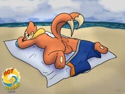 2026 4:3 absurd_res anthro anus arm_fin backsack balls beach beach_towel black_nose buizel circle_eyebrows clothing clothing_around_one_leg cloud dipstick_tail eliktroniq eyebrows fin flotation_sac forked_tail fur generation_4_pokemon genitals hi_res looking_back male markings nintendo orange_body orange_fur pokemon pokemon_(species) signature solo spots swimming_trunks swimwear swimwear_around_one_leg swimwear_down tail tail_markings towel unusual_anatomy unusual_tail water