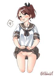 ass_visible_through_thighs black_ribbon blush brown_eyes brown_hair brown_skirt cowboy_shot cropped_legs ebifurya eyebrows_visible_through_hair female groin hair_ribbon highres kantai_collection lifted_by_self looking_to_the_side no_panties open_mouth pleated_skirt pubic_hair pussy_juice ribbon school_uniform serafuku shikinami_(kantai_collection) short_ponytail short_sleeves simple_background skirt skirt_lift solo spoken_squiggle squiggle sweat twitter_username underwear white_background